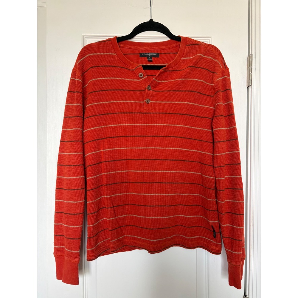 Banana Republic Mens Orange Striped Waffle Knit Henley Shirt Small Cotton
